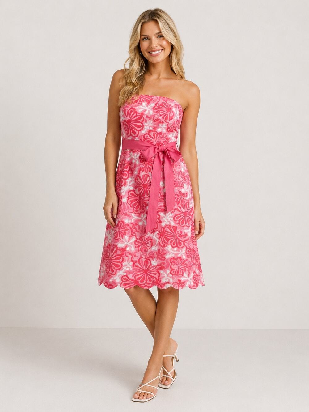 Lilly Pulitzer Sienna Pink Floral Strapless Knee Length Fit & Flare Dress Size 8